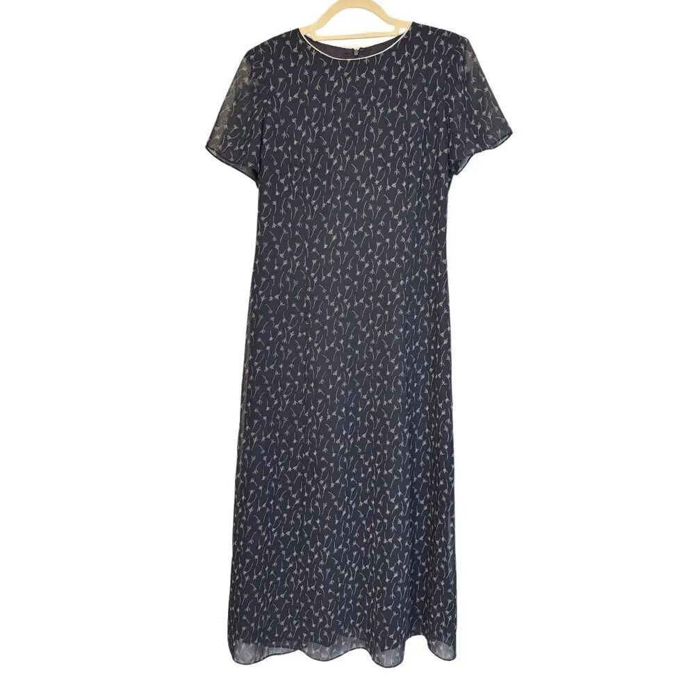 Talbots Sheath Dress Sz. 6 Navy Blue w/Floral Print Sheer Overlay Vtg